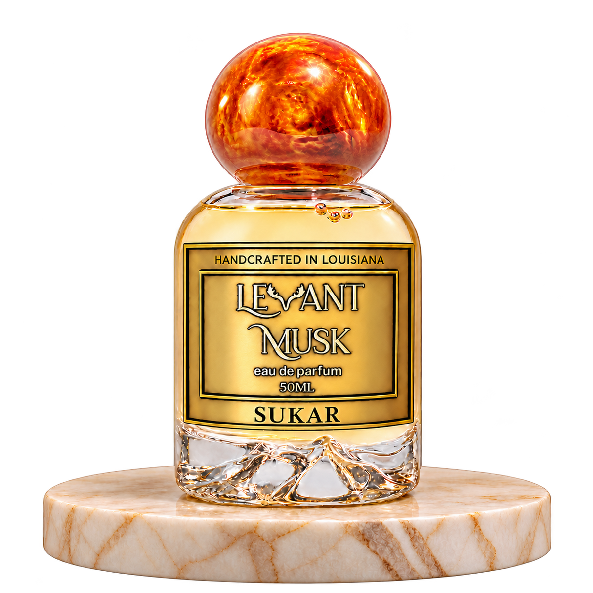 SUKAR 50 mL Eau de Parfum bottle on a marble pedestal