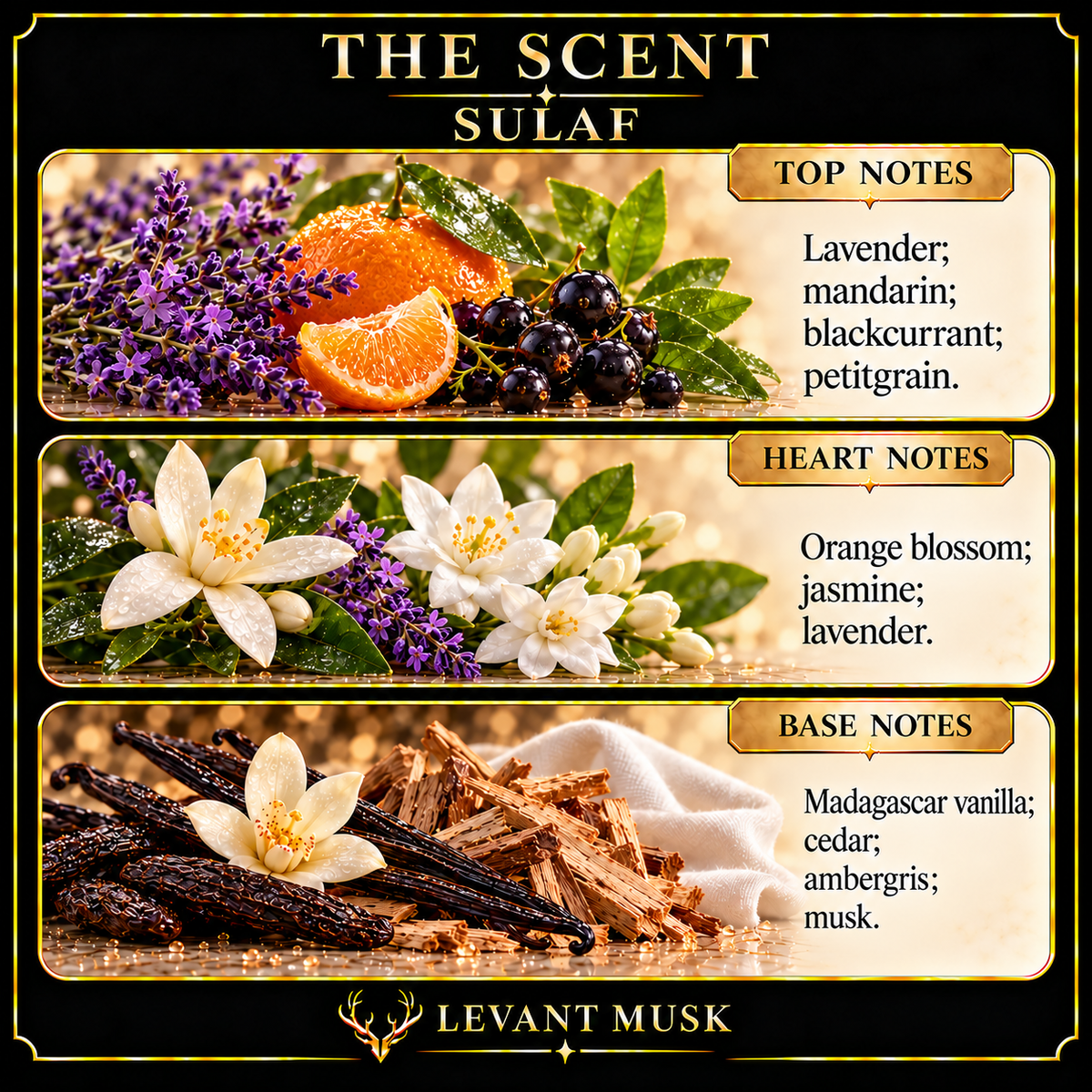 SULAF by Levant Musk fragrance notes card with lavender, citrus, white blossoms, vanilla and cedar imagery.