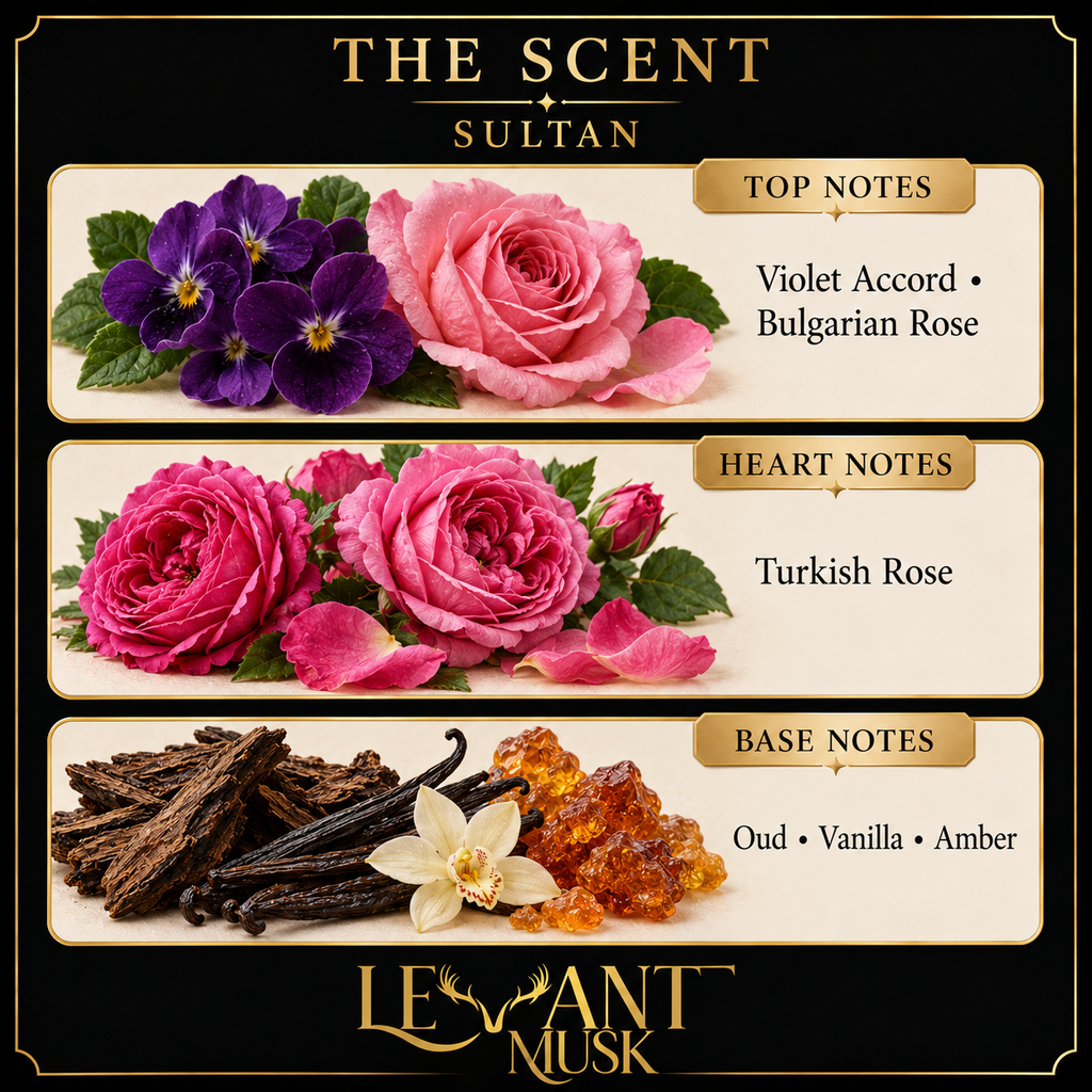 SULTAN scent notes. top: Violet Accord, Bulgarian Rose; heart: Turkish Rose; base: Oud, Vanilla, Amber