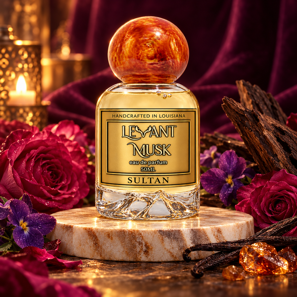 SULTAN by Levant Musk in a cinematic setting with fragrance-note accents