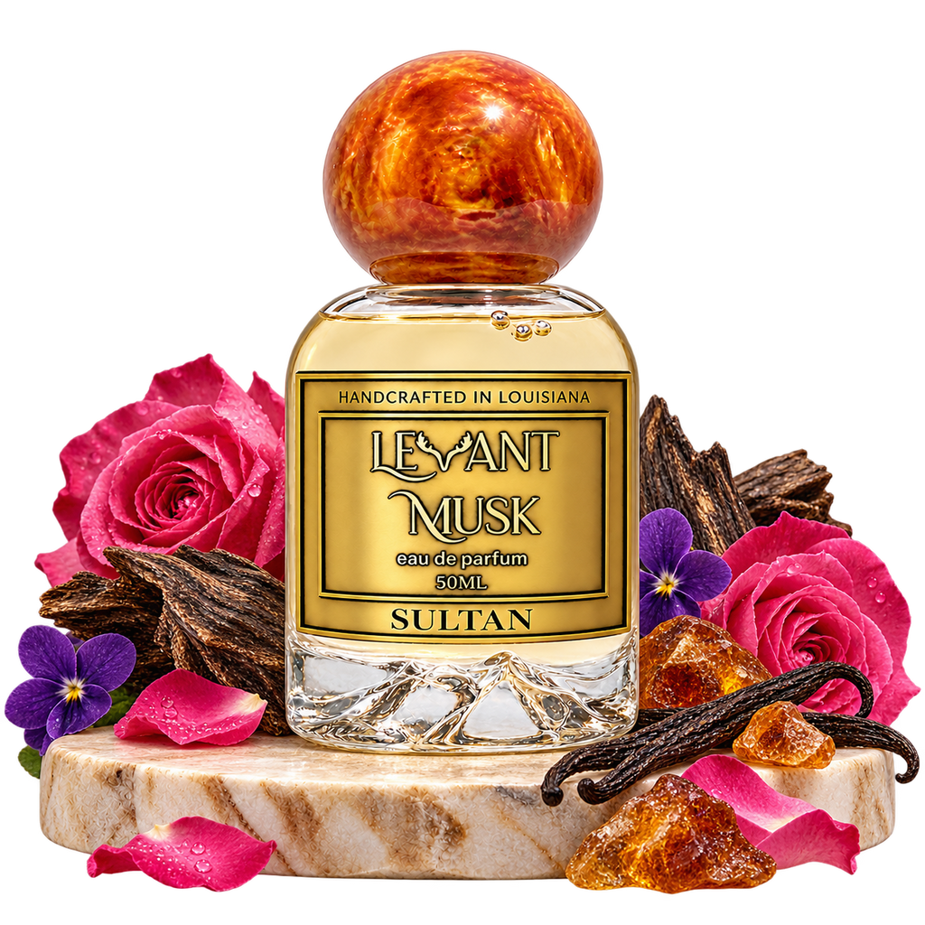 SULTAN by Levant Musk with fragrance-note ingredients surrounding the bottle