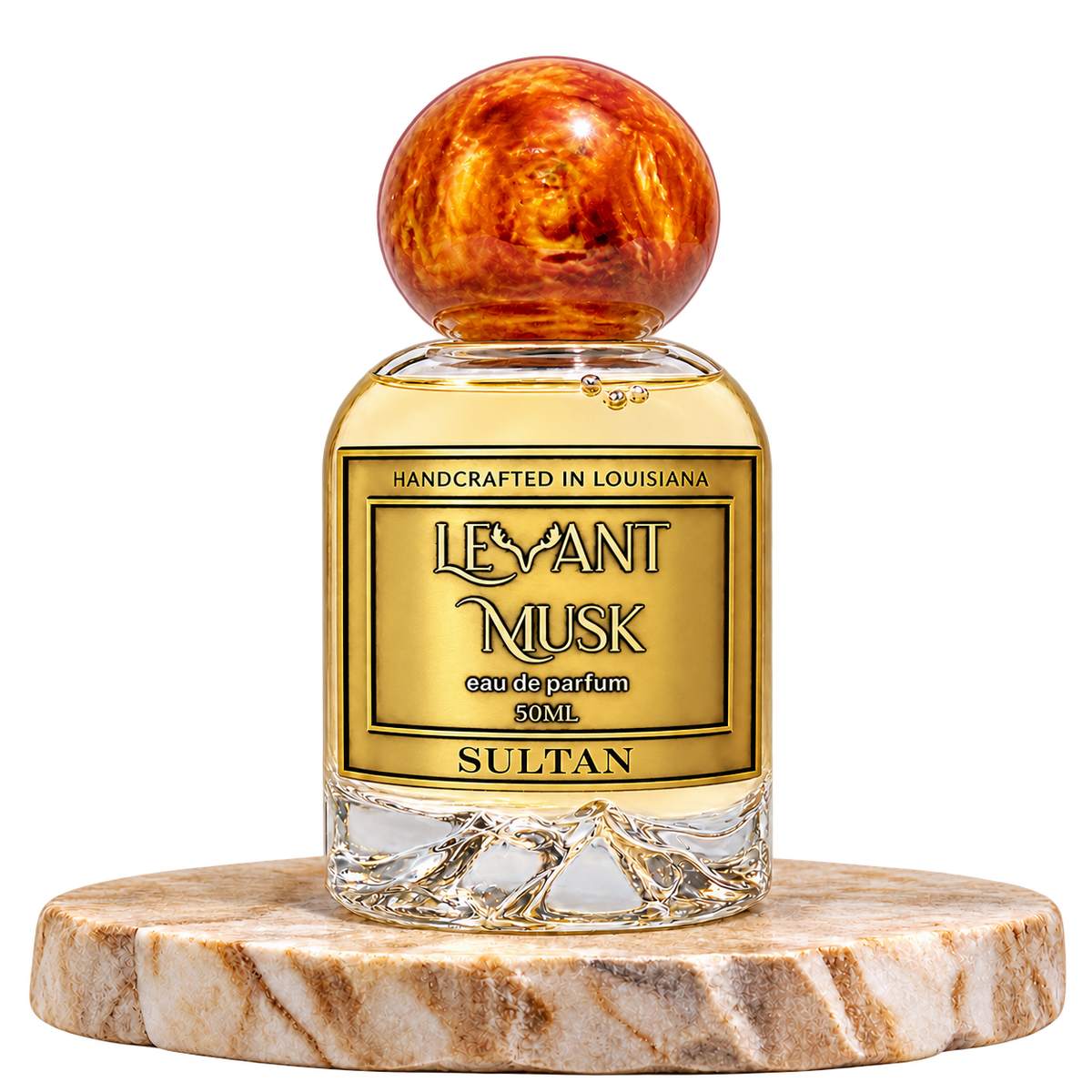 SULTAN by Levant Musk, 50 mL bottle with orange-gold cap on a marble pedestal