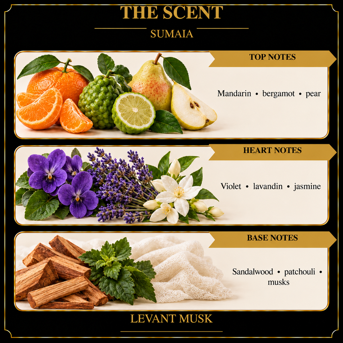 SUMAIA notes. top: Mandarin, bergamot, pear. heart: Violet, lavandin, jasmine. base: Sandalwood, patchouli, musks.