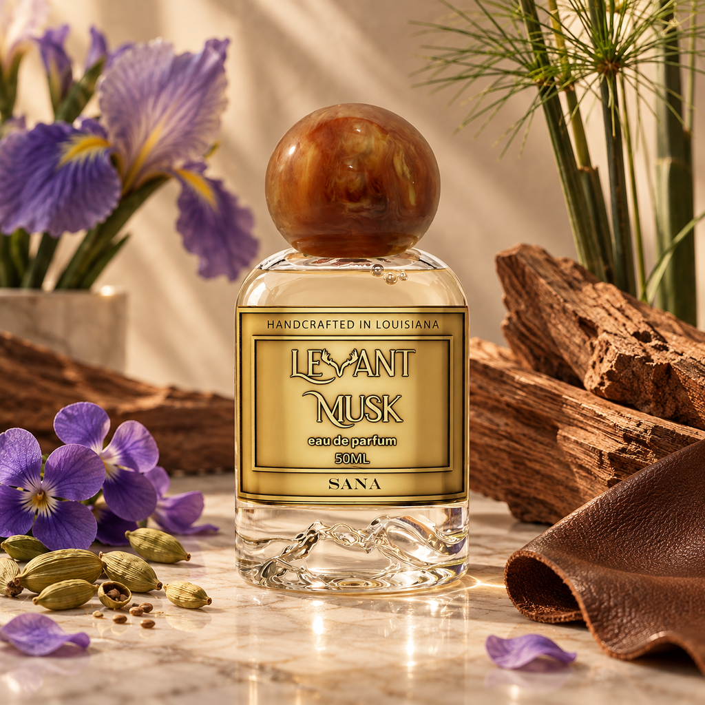 A clear glass perfume bottle with a round amber-brown top and a gold label reading Sana by Levant Musk styled on a marble surface with purple flowers, green cardamom pods, wood, and a brown leather fold in a warm indoor setting.