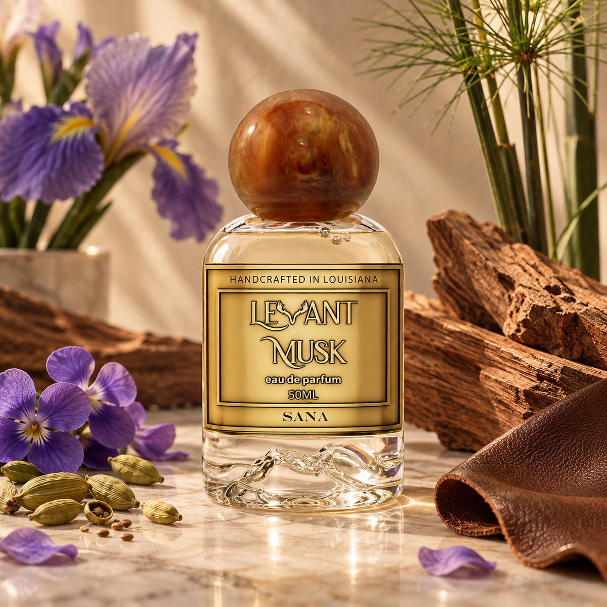 A clear glass perfume bottle with a round amber-brown top and a gold label reading Sana by Levant Musk styled on a marble surface with purple flowers, green cardamom pods, wood, and a brown leather fold in a warm indoor setting.