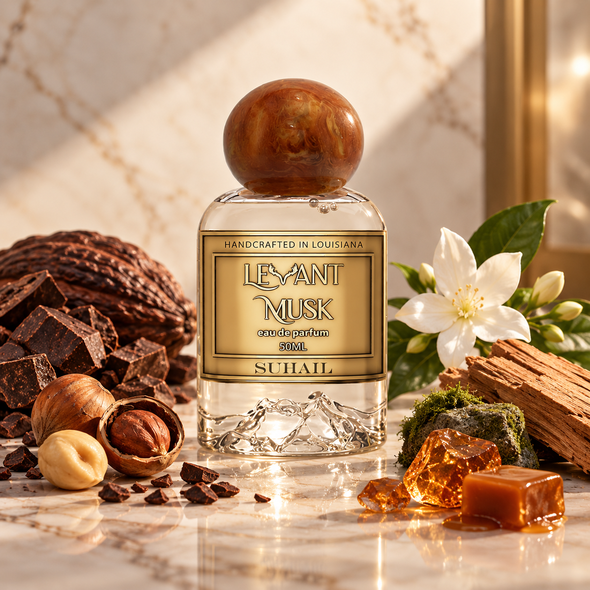 A bottle of LEYANT MUSK cologne by SUHAIL, styled with chocolate pieces, hazelnuts, a white flower, and amber honey on a marble surface.