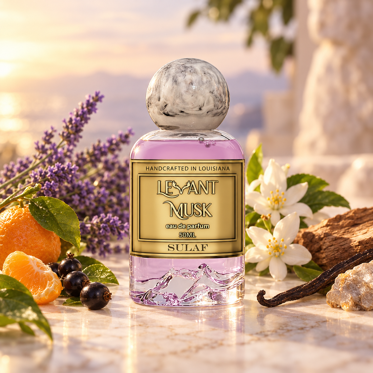 A 50ml bottle of Sulaf by Levant Musk, styled with citrus fruits, lavender, white jasmine flowers, and a vanilla bean on a marble surface with a warm sunset background.