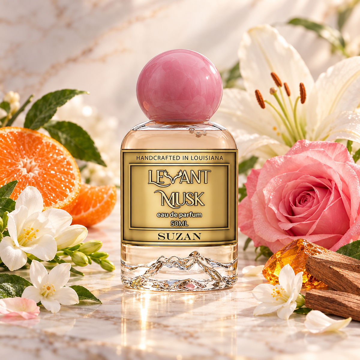 Suzan A bottle of Levant Musk fragrance  styled on a marble surface with fresh orange slices, white lilies, pink roses, white flowers, and a piece of wood incense. The bottle has a gold label and a pink spherical cap.