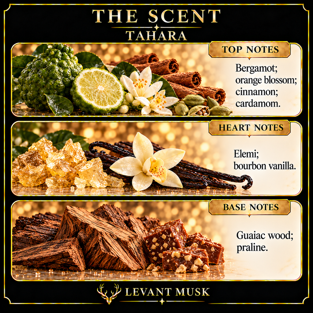 TAHARA notes. top: Bergamot, orange blossom, cinnamon, cardamom. heart: Elemi, bourbon vanilla. base: Guaiac wood, praline.