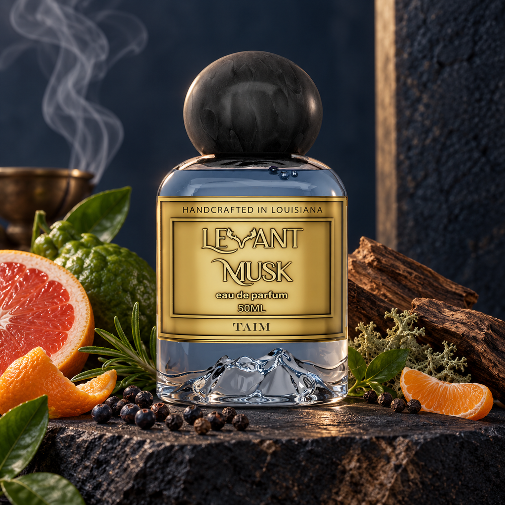 Levant Musk Taim perfume bottle styled with notes of grapefruit, pepper, and musk.