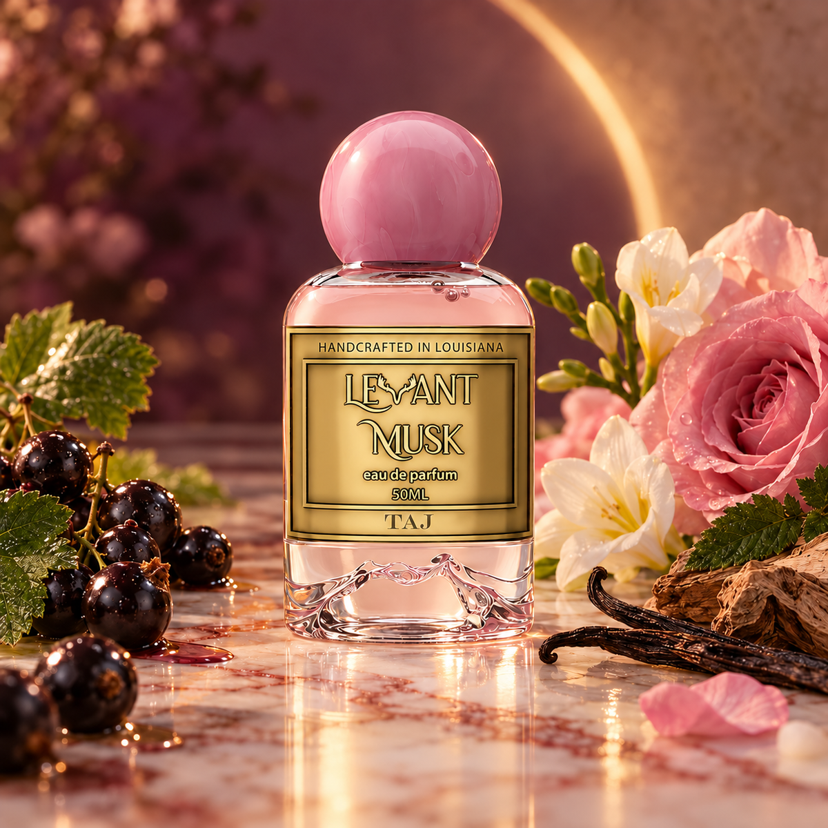 A 50ml bottle of TAJ Levant Musk Eau de Parfum centered on a marble surface, surrounded by its scent ingredients including blackcurrants, white flowers, pink roses, vanilla beans, and a pink sphere cap.