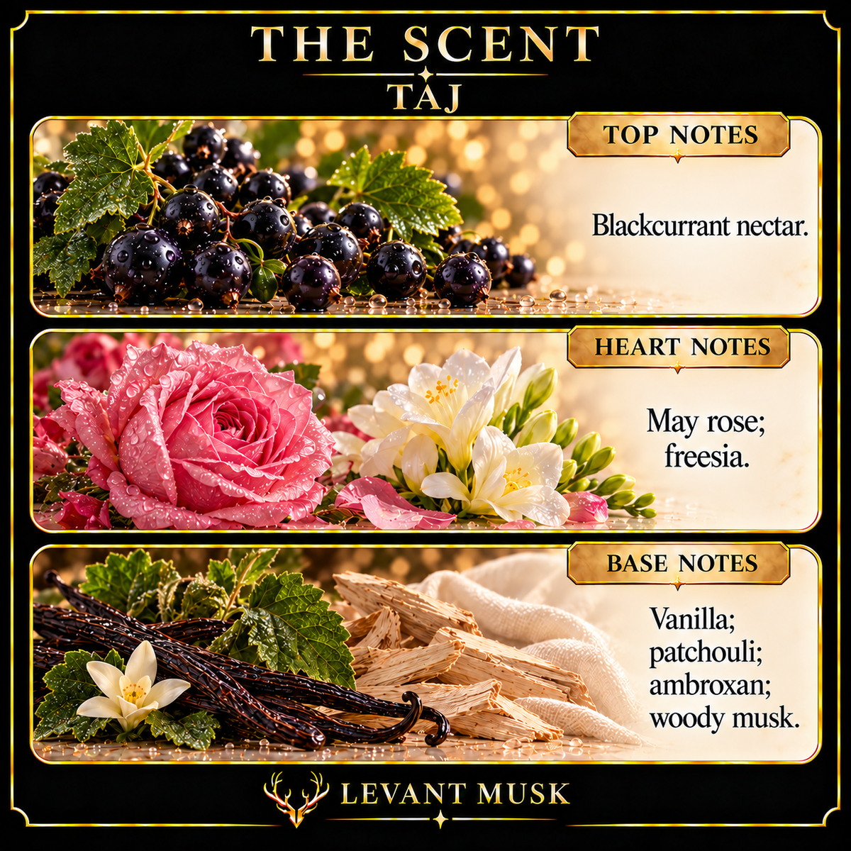 TAJ notes. top: Blackcurrant nectar. heart: May rose, freesia. base: Vanilla, patchouli, ambroxan, woody musk.