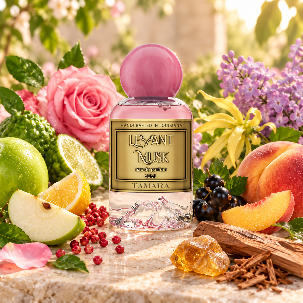 Levant Musk Tamara perfume bottle styled with notes of green apple, rose, and sandalwood.
