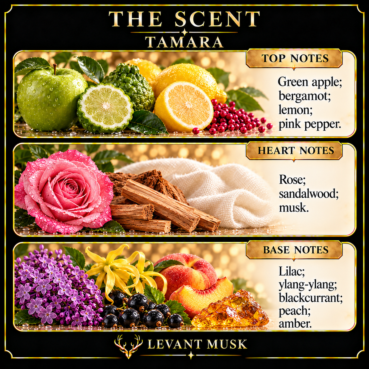 TAMARA notes. top: Green apple, bergamot, lemon, pink pepper. heart: Rose, sandalwood, musk. base: Lilac, ylang-ylang, blackcurrant, peach, amber.