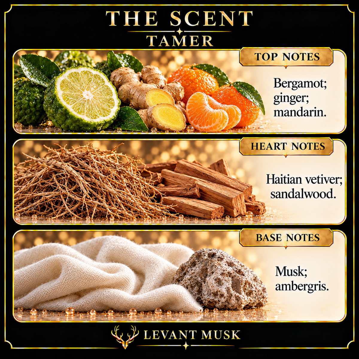 TAMER notes: bergamot, ginger and mandarin; Haitian vetiver and sandalwood; musk and ambergris.