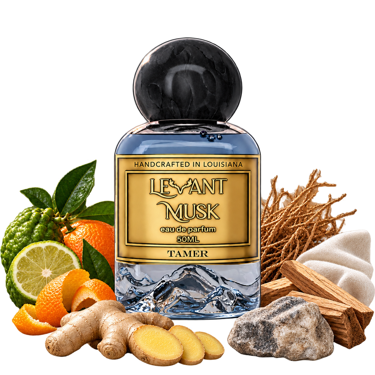 TAMER by Levant Musk bottle with corrected note props on a transparent background.