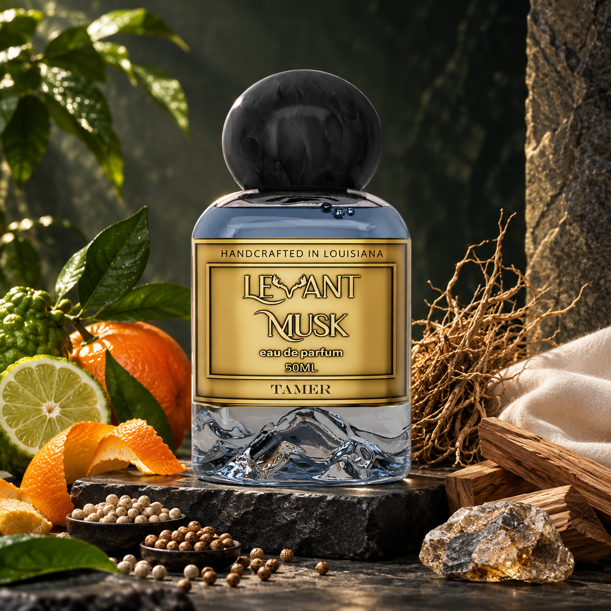 Levant Musk Tamer perfume bottle styled with notes of bergamot, white pepper, and sandalwood.
