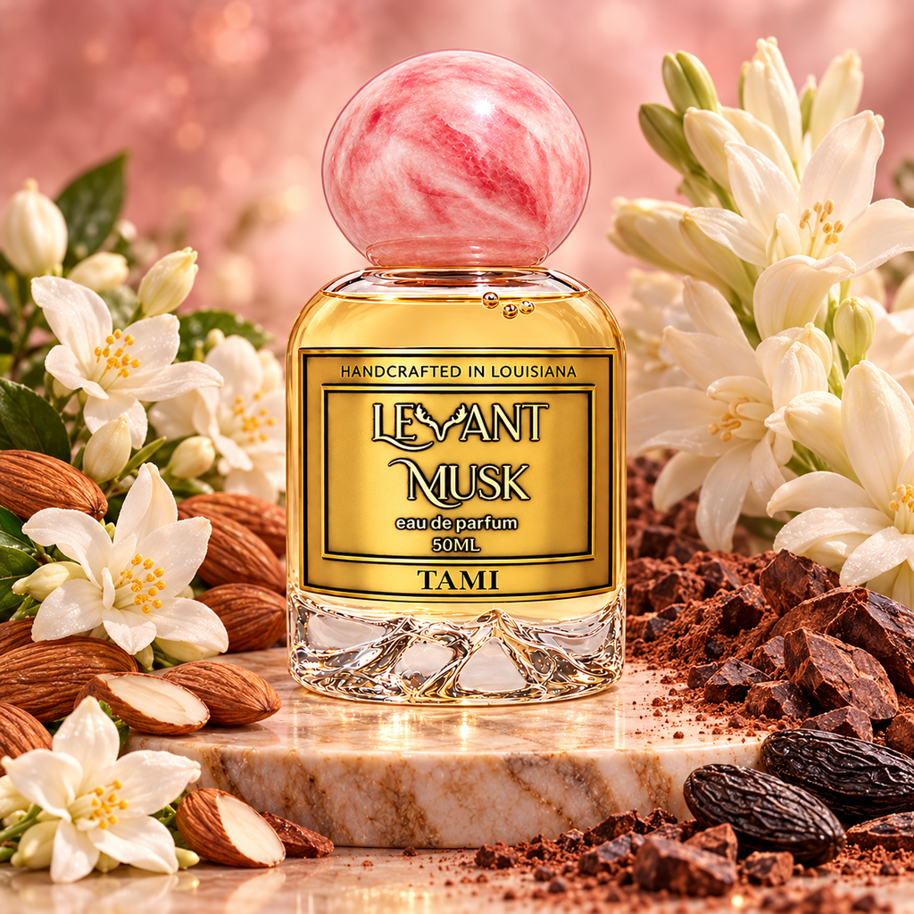TAMI by Levant Musk, pink-cap 50 mL bottle in an atmospheric fragrance setting