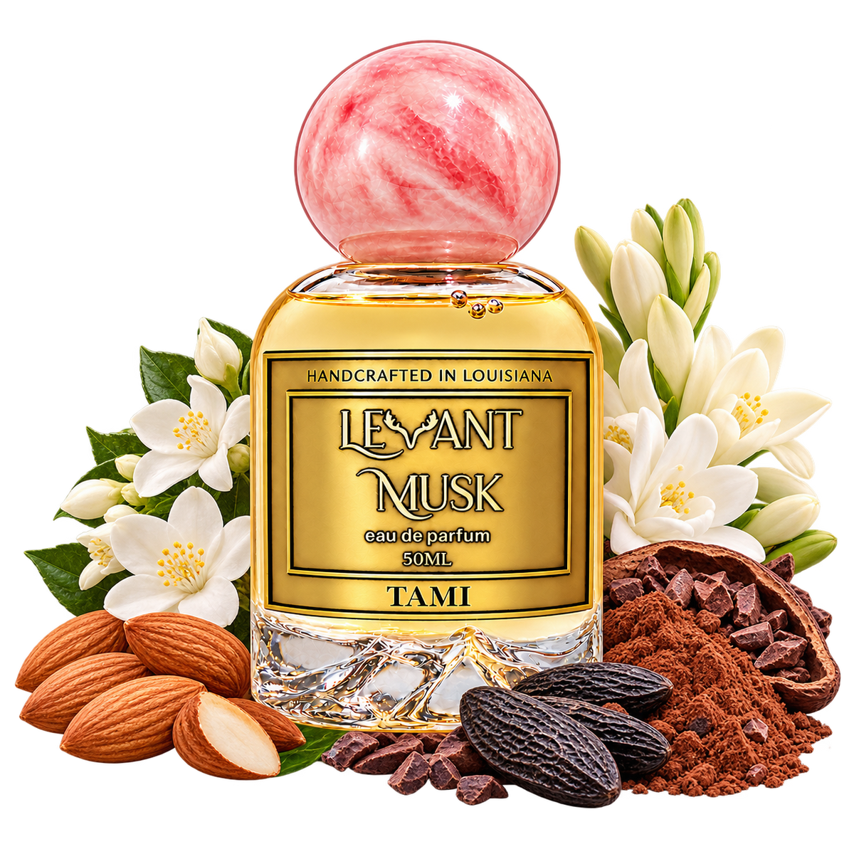 TAMI 50 mL Levant Musk bottle with fragrance-note props on a transparent background
