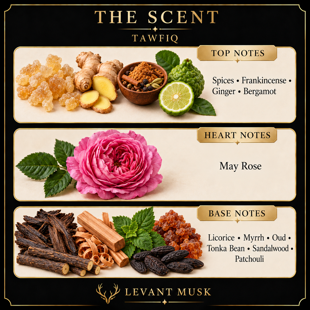 TAWFIQ fragrance notes: Spices, Frankincense, Ginger, Bergamot; May Rose; Licorice, Myrrh, Oud, Tonka Bean, Sandalwood, Patchouli