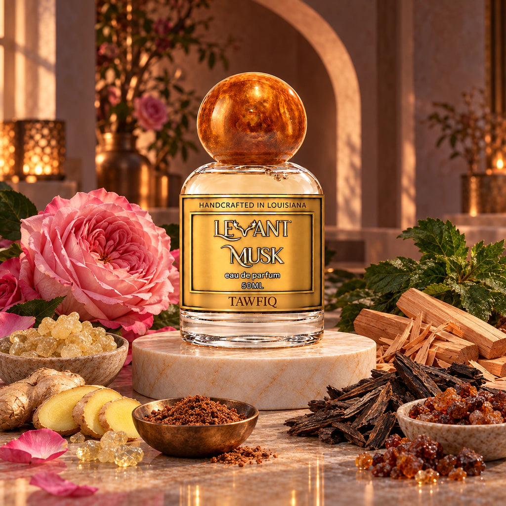 TAWFIQ by Levant Musk, orange-gold-cap 50 mL bottle in an atmospheric fragrance setting