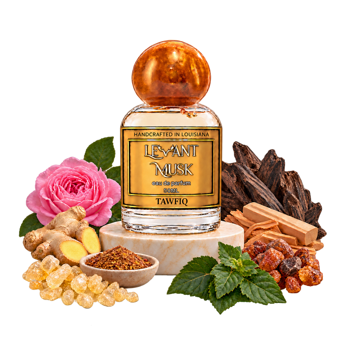 TAWFIQ 50 mL Levant Musk bottle with fragrance-note props on a transparent background