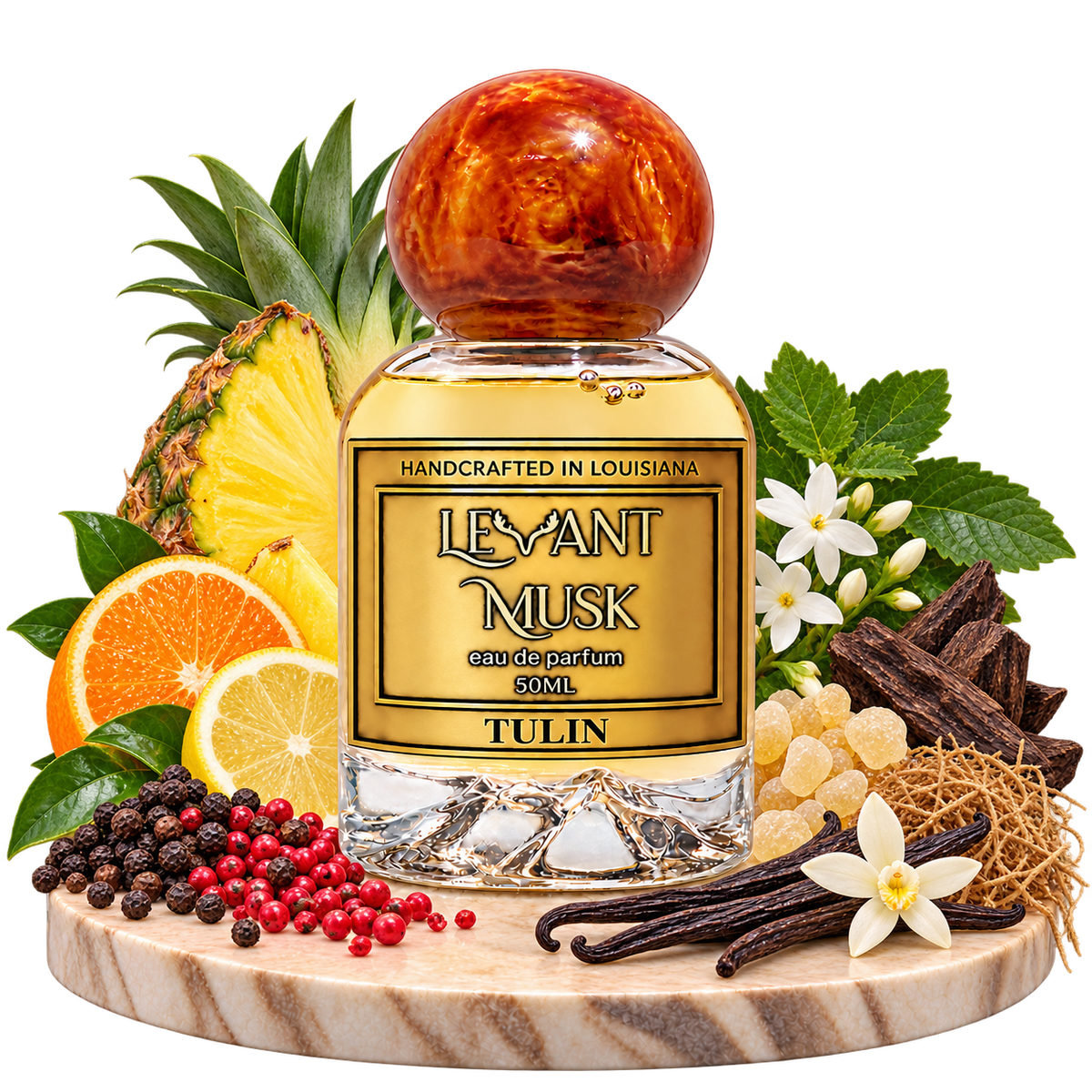 TULIN bottle with verified fragrance-note ingredients on transparent background