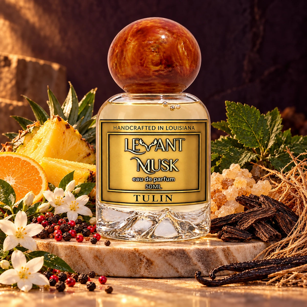 TULIN Eau de Parfum hero with pineapple, citrus, pepper, jasmine, incense, oud, patchouli, vetiver, and vanilla