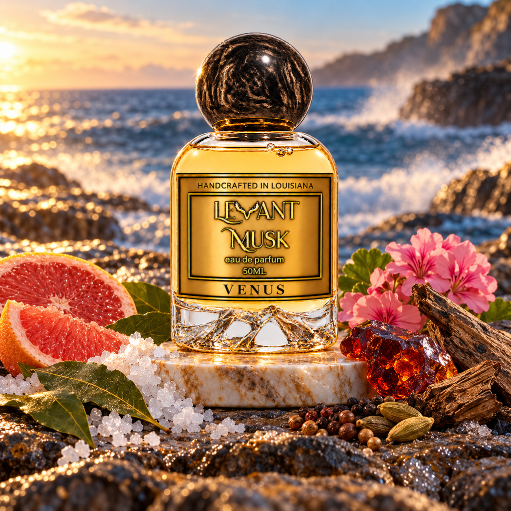 VENUS by Levant Musk, black-cap 50 mL bottle in an atmospheric fragrance setting