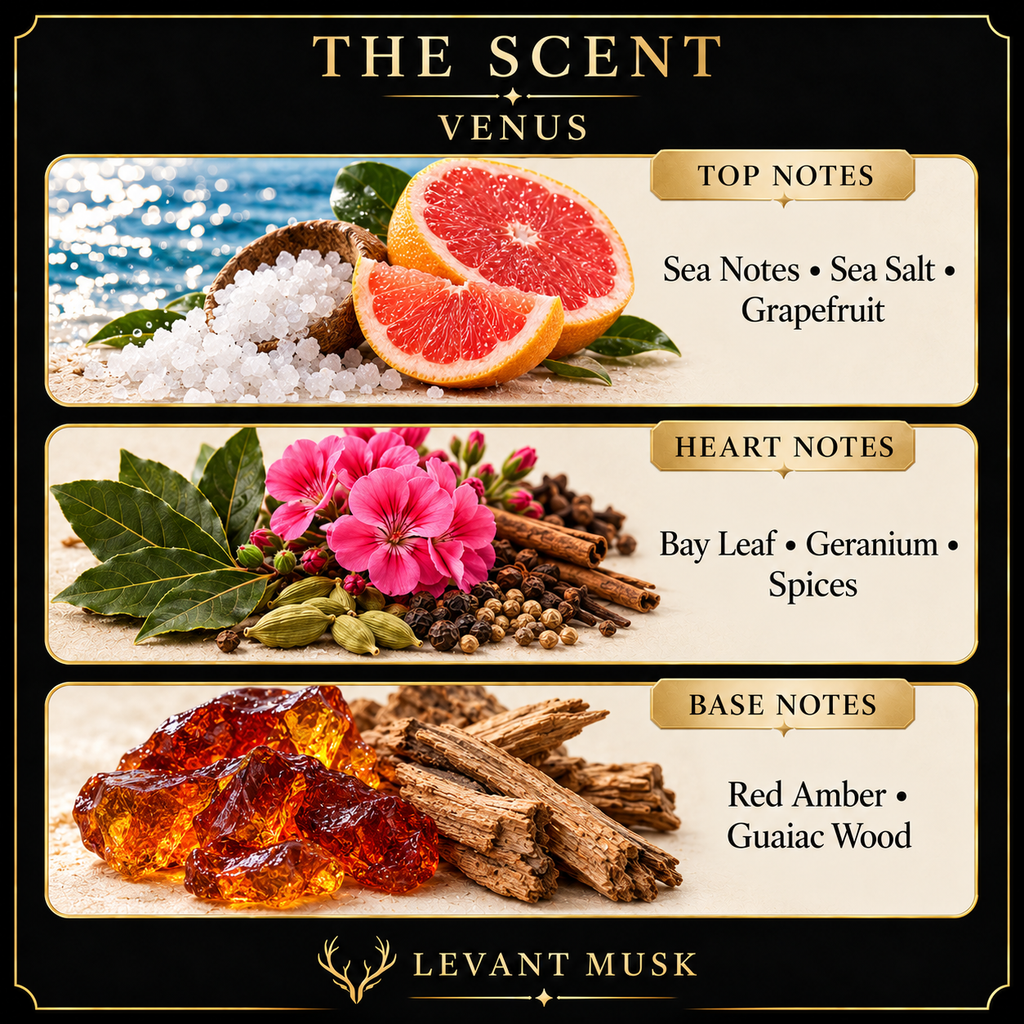 VENUS fragrance notes: Sea Notes, Sea Salt, Grapefruit; Bay Leaf, Geranium, Spices; Red Amber, Guaiac Wood