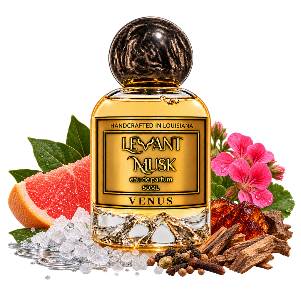 VENUS 50 mL Levant Musk bottle with fragrance-note props on a transparent background
