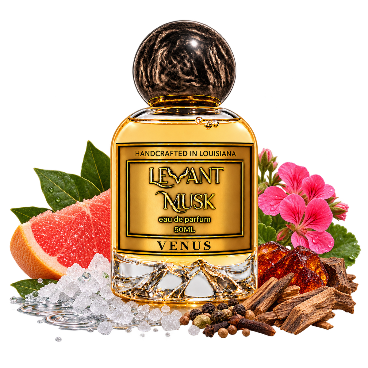 VENUS 50 mL Levant Musk bottle with fragrance-note props on a transparent background