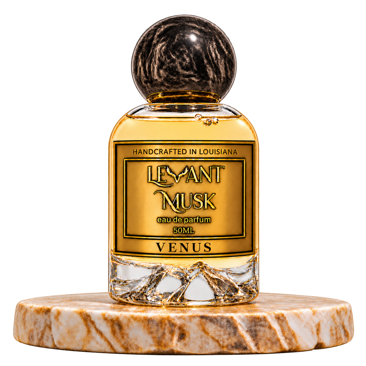 VENUS 50 mL Levant Musk bottle with black cap on marble with transparent outer background