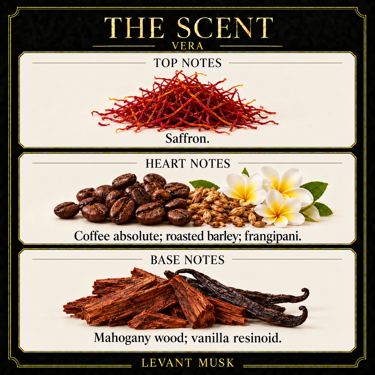 VERA notes: saffron; coffee absolute, roasted barley and frangipani; mahogany wood and vanilla resinoid.