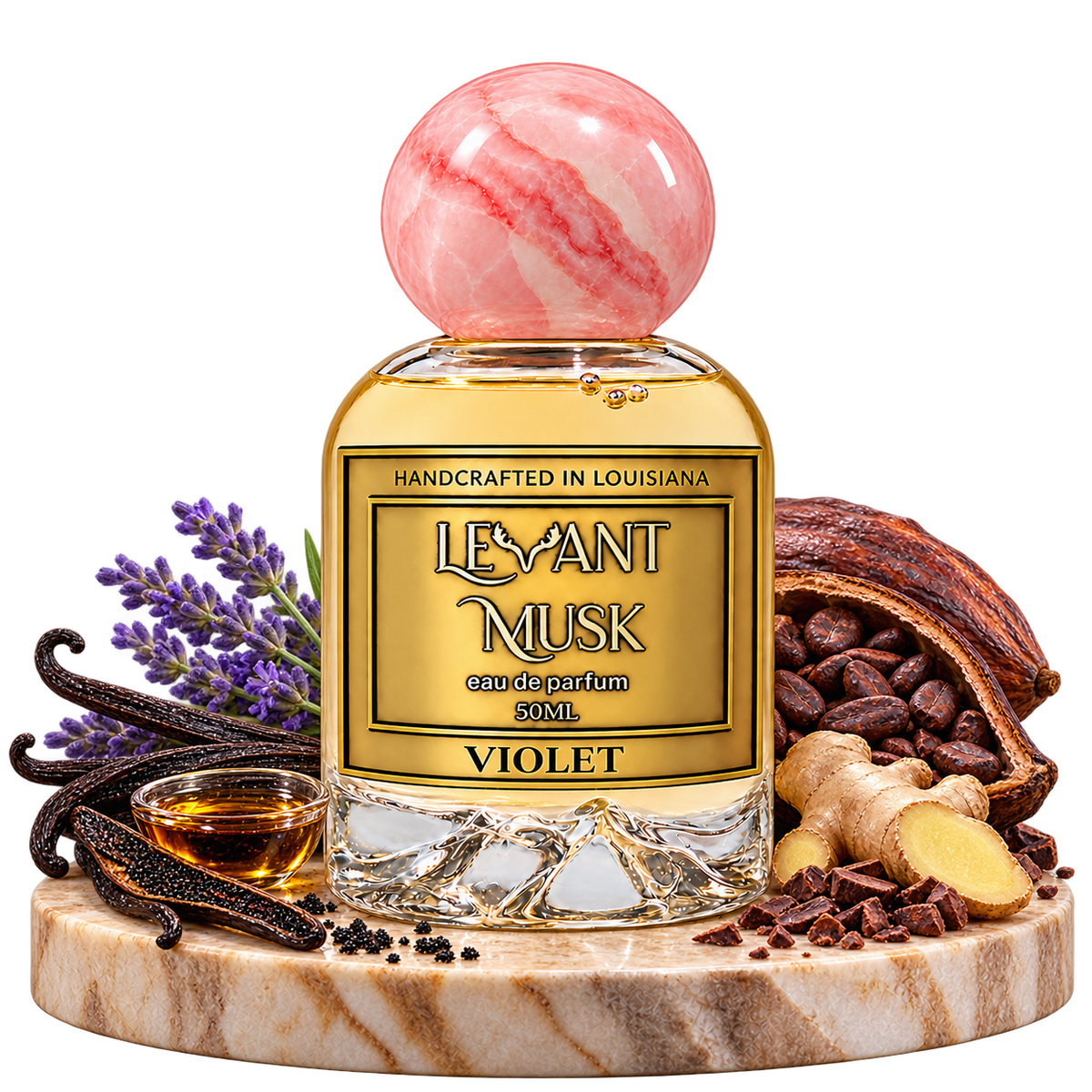 VIOLET by Levant Musk bottle with vanilla, lavender, cacao and ginger on transparent background
