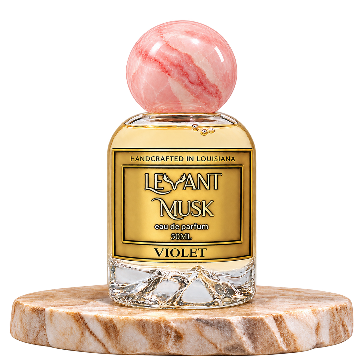 VIOLET by Levant Musk bottle alone on beige marble with transparent background