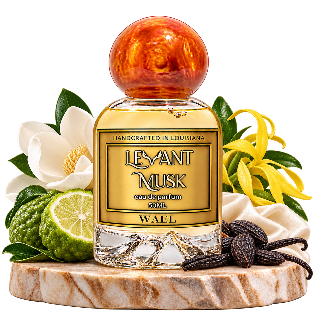 WAEL bottle with bergamot, magnolia, ylang-ylang, tonka and vanilla; ivory silk evokes musk.