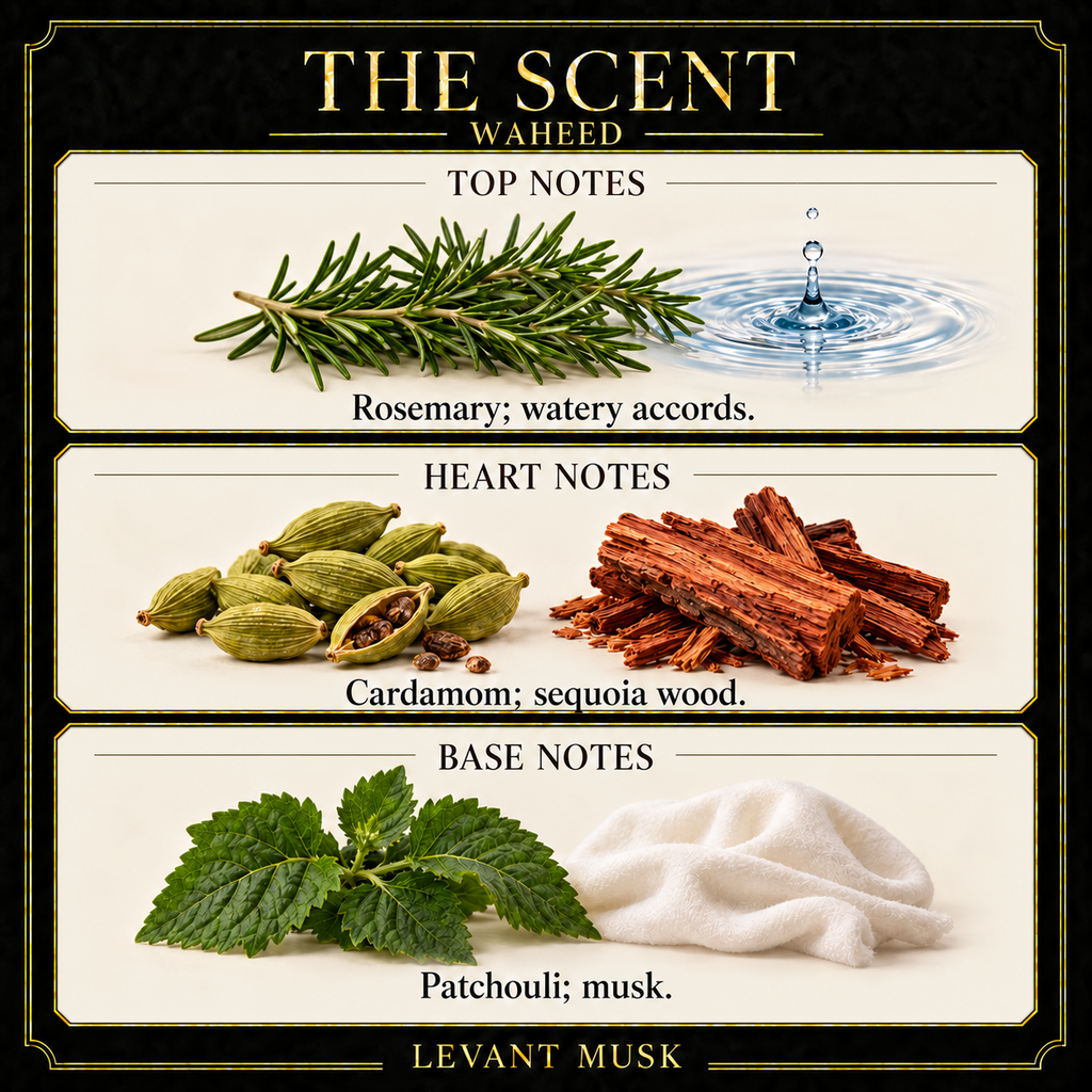 WAHEED notes. top: Rosemary, watery accords. heart: Cardamom, sequoia wood. base: Patchouli, musk.