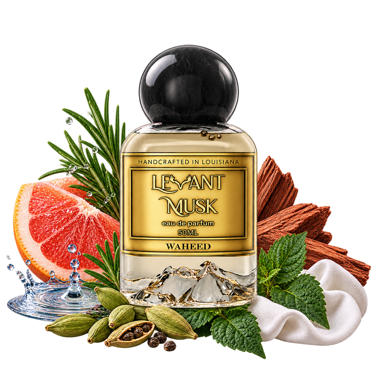 WAHEED by Levant Musk bottle with notes cutout