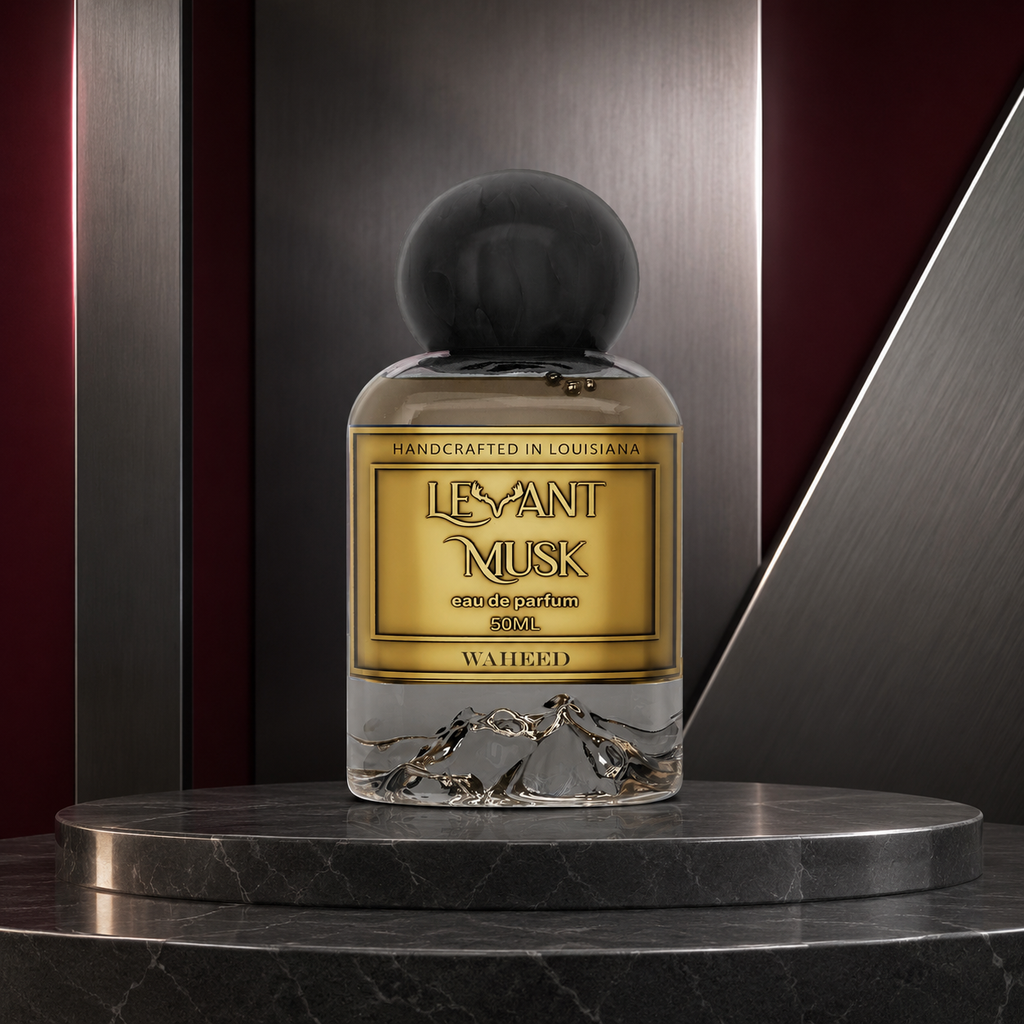 Levant Musk Waheed perfume bottle styled with notes of grapefruit, cardamom, and patchouli.