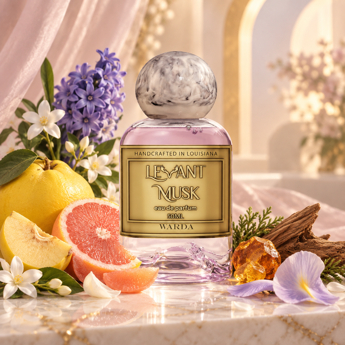 A bottle of WARDA by Levant Musk Eau de Parfum centered on a marble surface, surrounded by citrus fruits, purple flowers, white blossoms, and warm decorative props in a softly lit indoor setting.