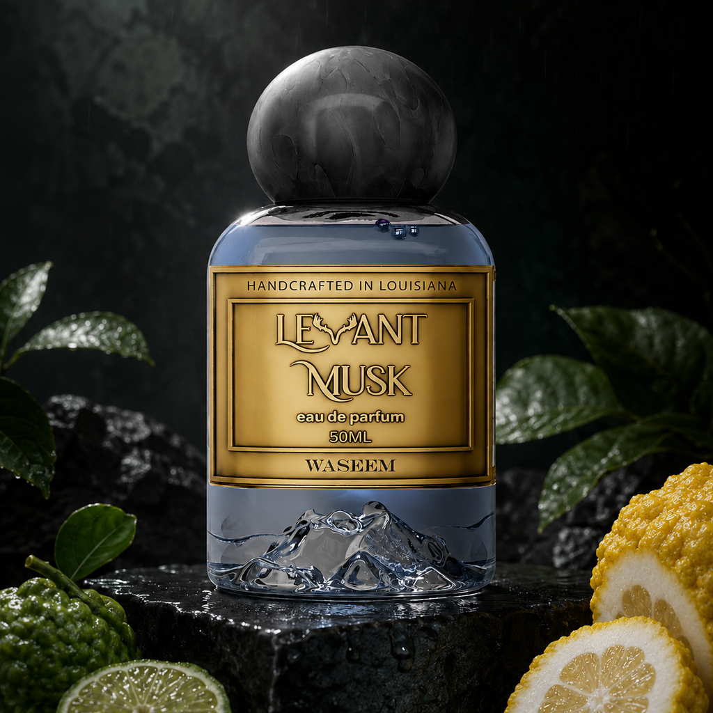 A 50ml bottle of Waseem Levant Musk Eau de Parfum, featuring a gold label and a dark gray marble-patterned cap, styled with citron, bergamot, and green leaves on a dark textured background.
