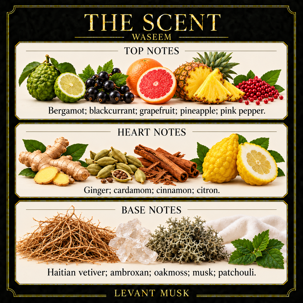 WASEEM notes. top: Bergamot, blackcurrant, grapefruit, pineapple, pink pepper. heart: Ginger, cardamom, cinnamon, citron. base: Haitian vetiver, ambroxan, oakmoss, musk, patchouli.
