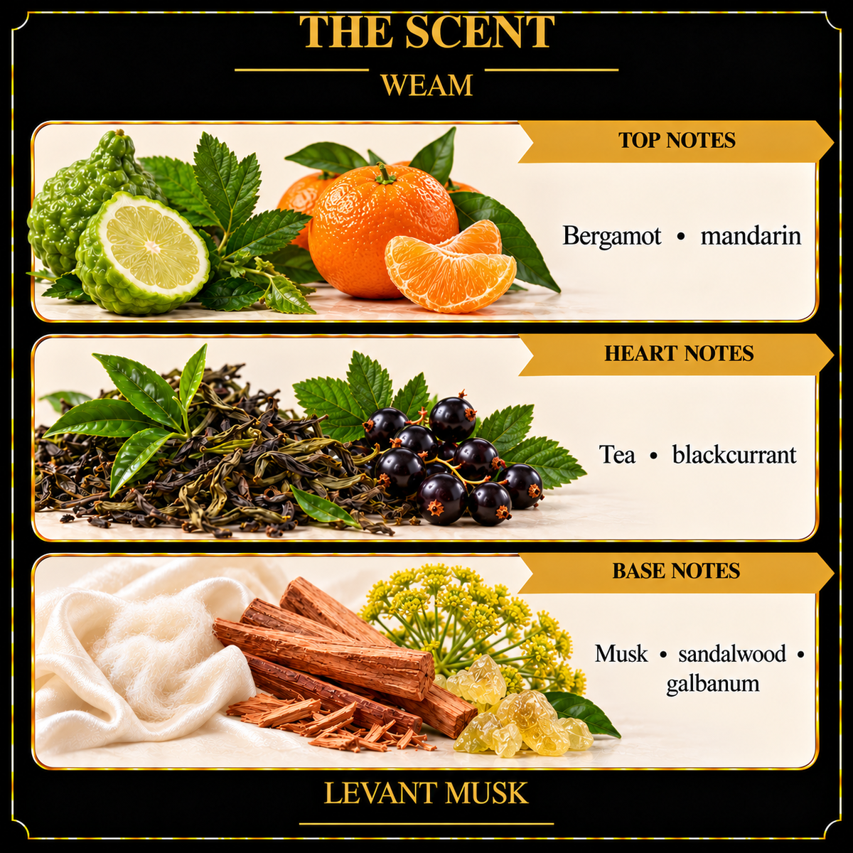 WEAM notes. top: Bergamot, mandarin. heart: Tea, blackcurrant. base: Musk, sandalwood, galbanum.