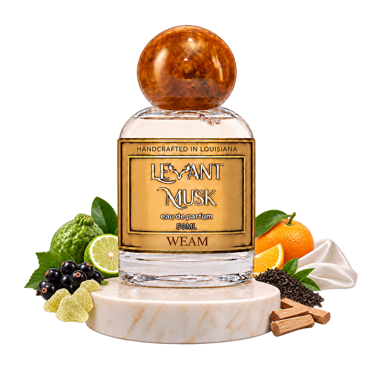 WEAM by Levant Musk on marble, surrounded by bergamot, blackcurrant, galbanum resin, mandarin, tea, musk silk and sandalwood.