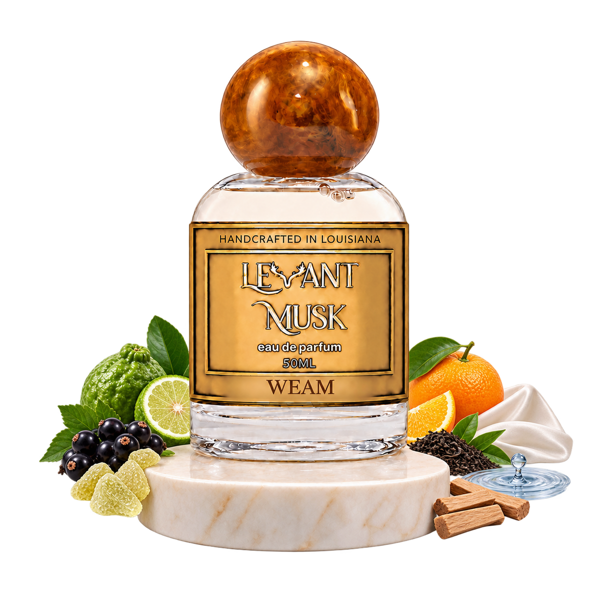 WEAM by Levant Musk on marble, surrounded by bergamot, blackcurrant, galbanum resin, orange, tea, a water ripple representing ozonic accord, musk silk and sandalwood.