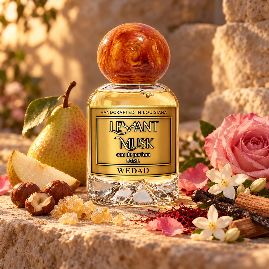 WEDAD eau de parfum by Levant Musk on sunlit limestone with pear, hazelnut, frankincense, rose, jasmine, saffron, vanilla and sandalwood