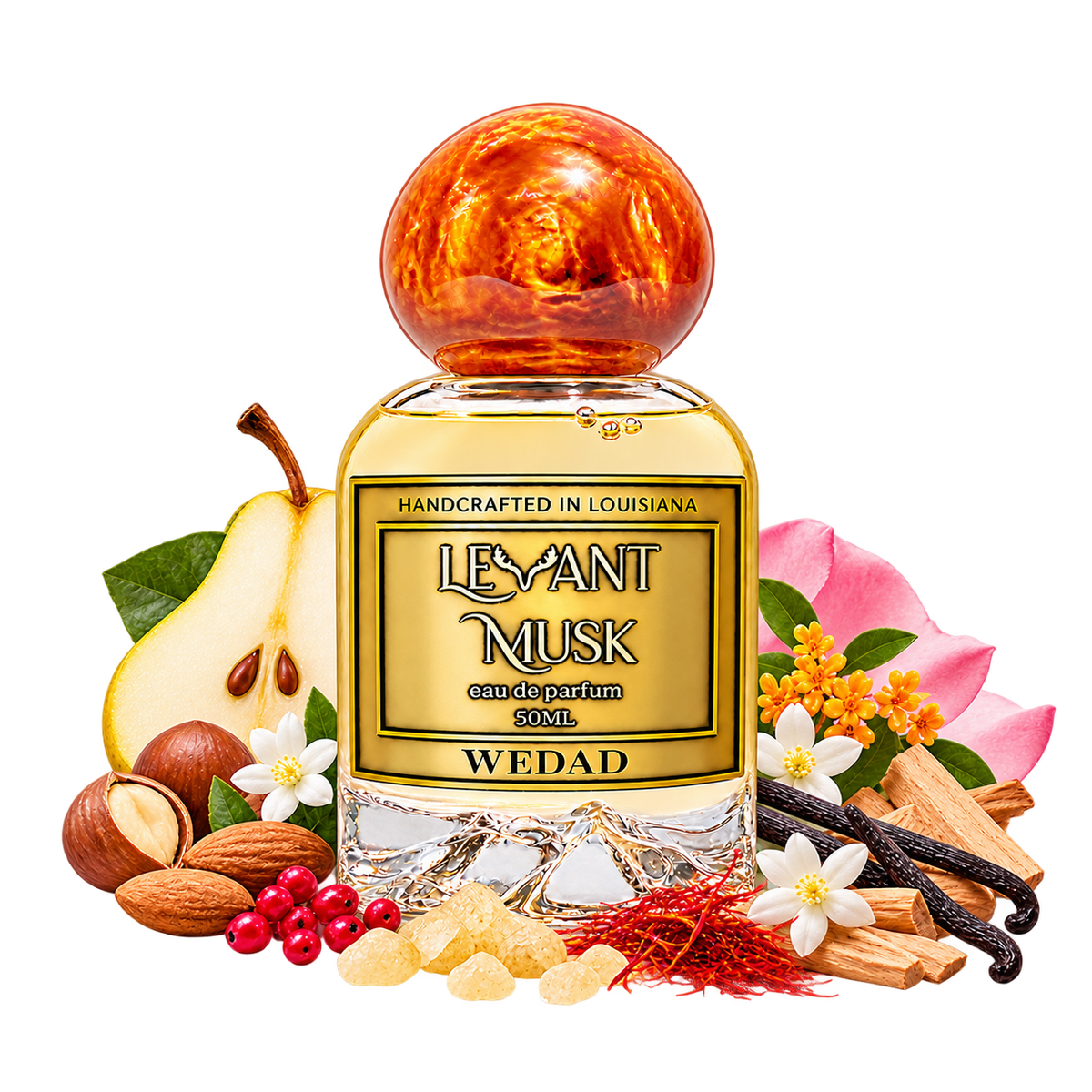 WEDAD by Levant Musk with pear, hazelnut, almond, pink pepper, frankincense, rose, jasmine, osmanthus, saffron, vanilla and sandalwood on a transparent background