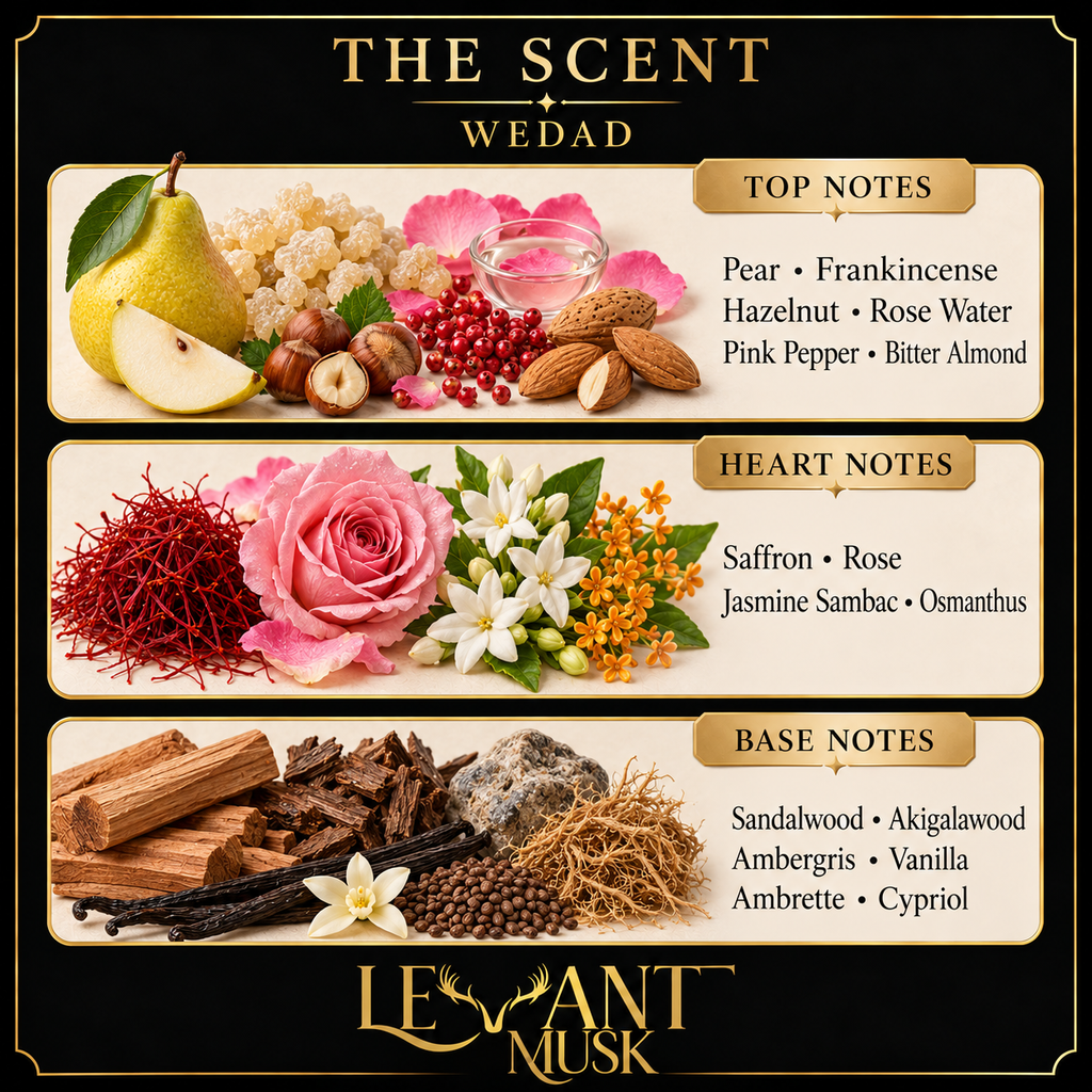 WEDAD scent card. Top: pear, frankincense, hazelnut, rose water, pink pepper, bitter almond. Heart: saffron, rose, jasmine sambac, osmanthus. Base: sandalwood, akigalawood, ambergris, vanilla, ambrette, cypriol.