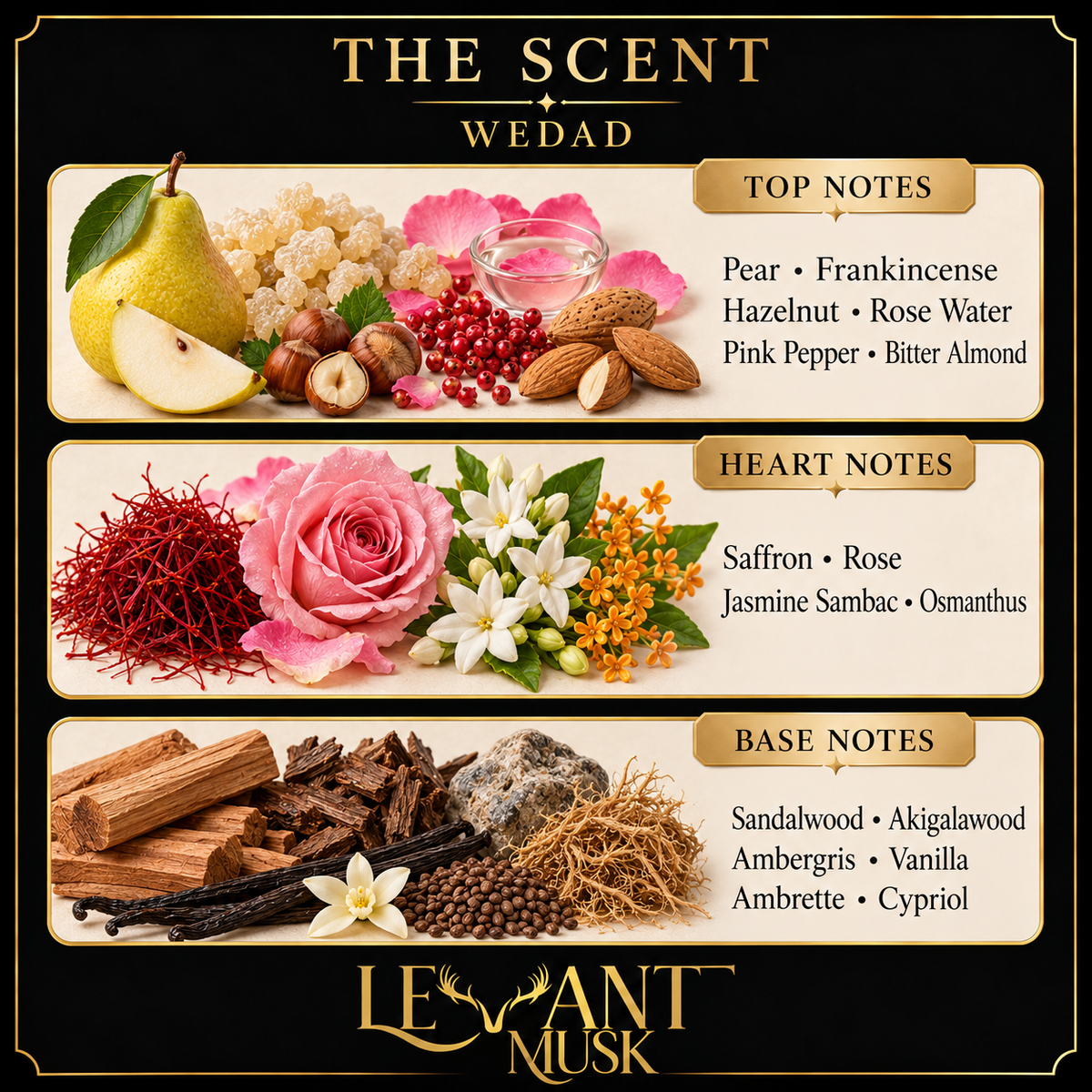 WEDAD scent card. Top: pear, frankincense, hazelnut, rose water, pink pepper, bitter almond. Heart: saffron, rose, jasmine sambac, osmanthus. Base: sandalwood, akigalawood, ambergris, vanilla, ambrette, cypriol.